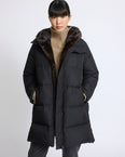 Long down jacket in water-repellent technical fabric with mink fur bib panel