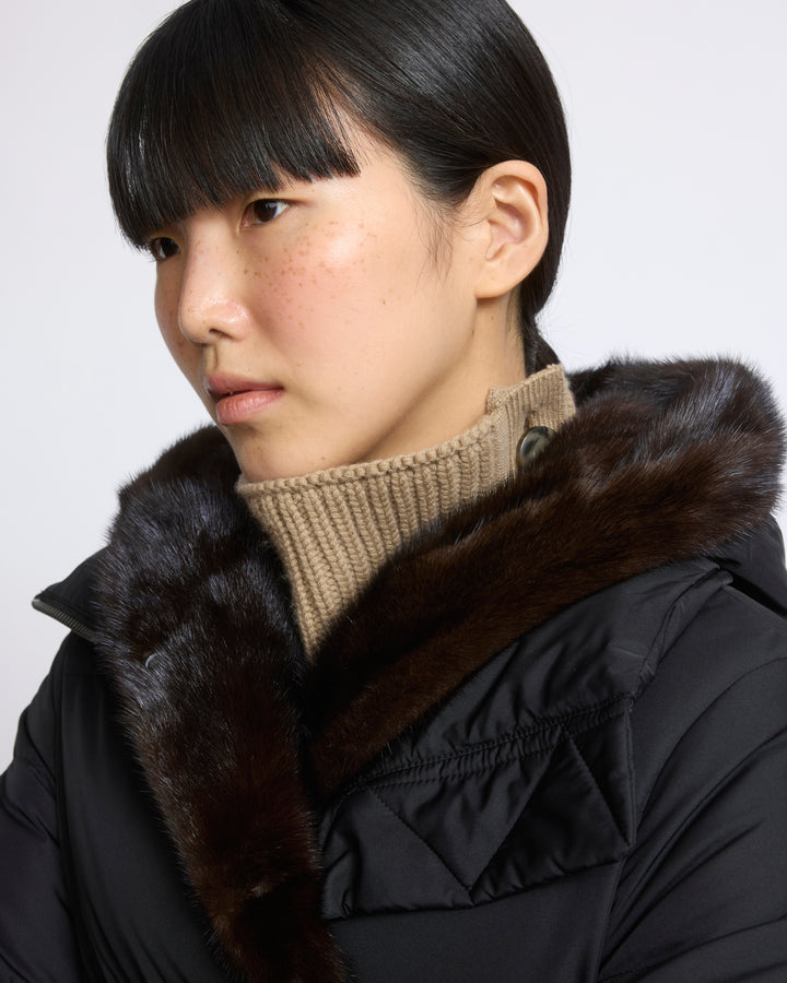 Long down jacket in water-repellent technical fabric with mink fur bib panel - Yves Salomon - New Fall/Winter Collection