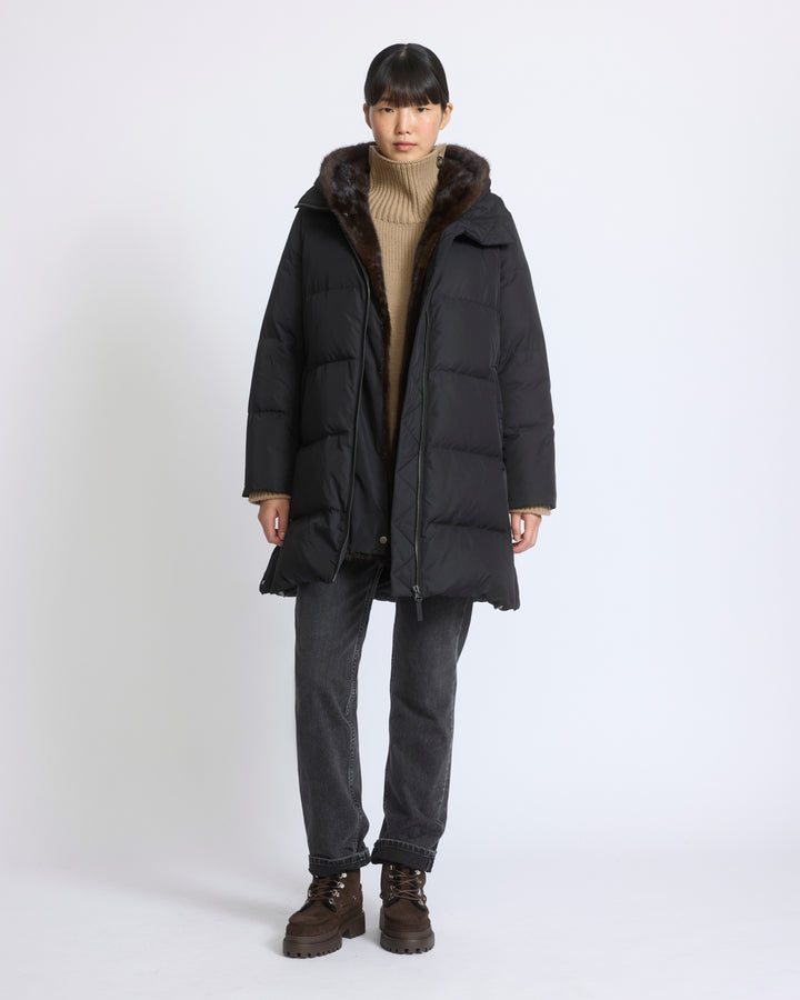 Long down jacket in water-repellent technical fabric with mink fur bib panel - Yves Salomon - New Fall/Winter Collection
