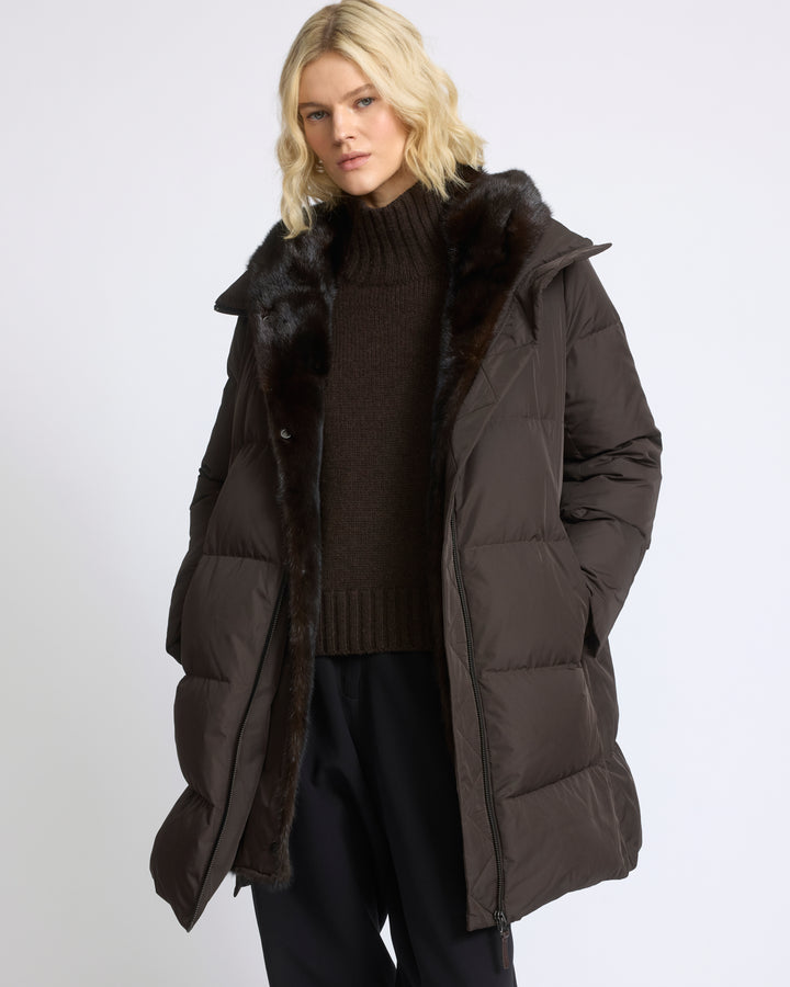 Long down jacket in water-repellent technical fabric with mink fur bib panel - Yves Salomon - New Fall/Winter Collection