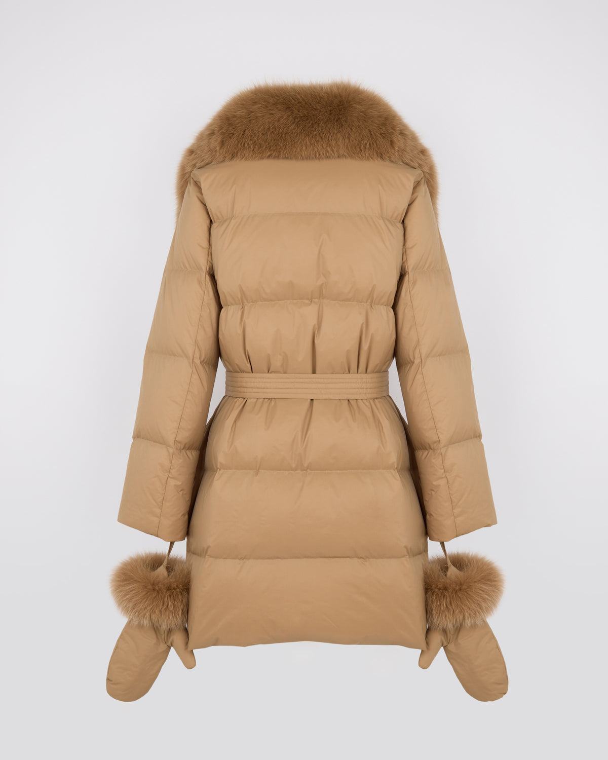 Long belted down jacket in waterproof technical fabric with fox fur trim - Yves Salomon - New Fall/Winter Collection