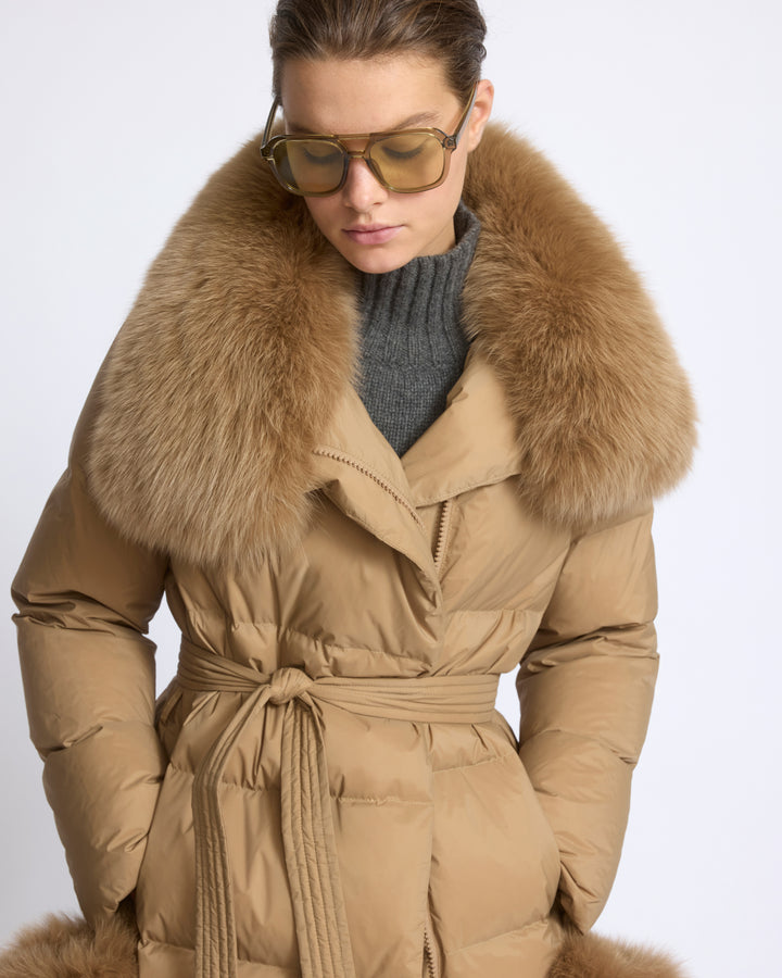 Long belted down jacket in waterproof technical fabric with fox fur trim - Yves Salomon - New Fall/Winter Collection