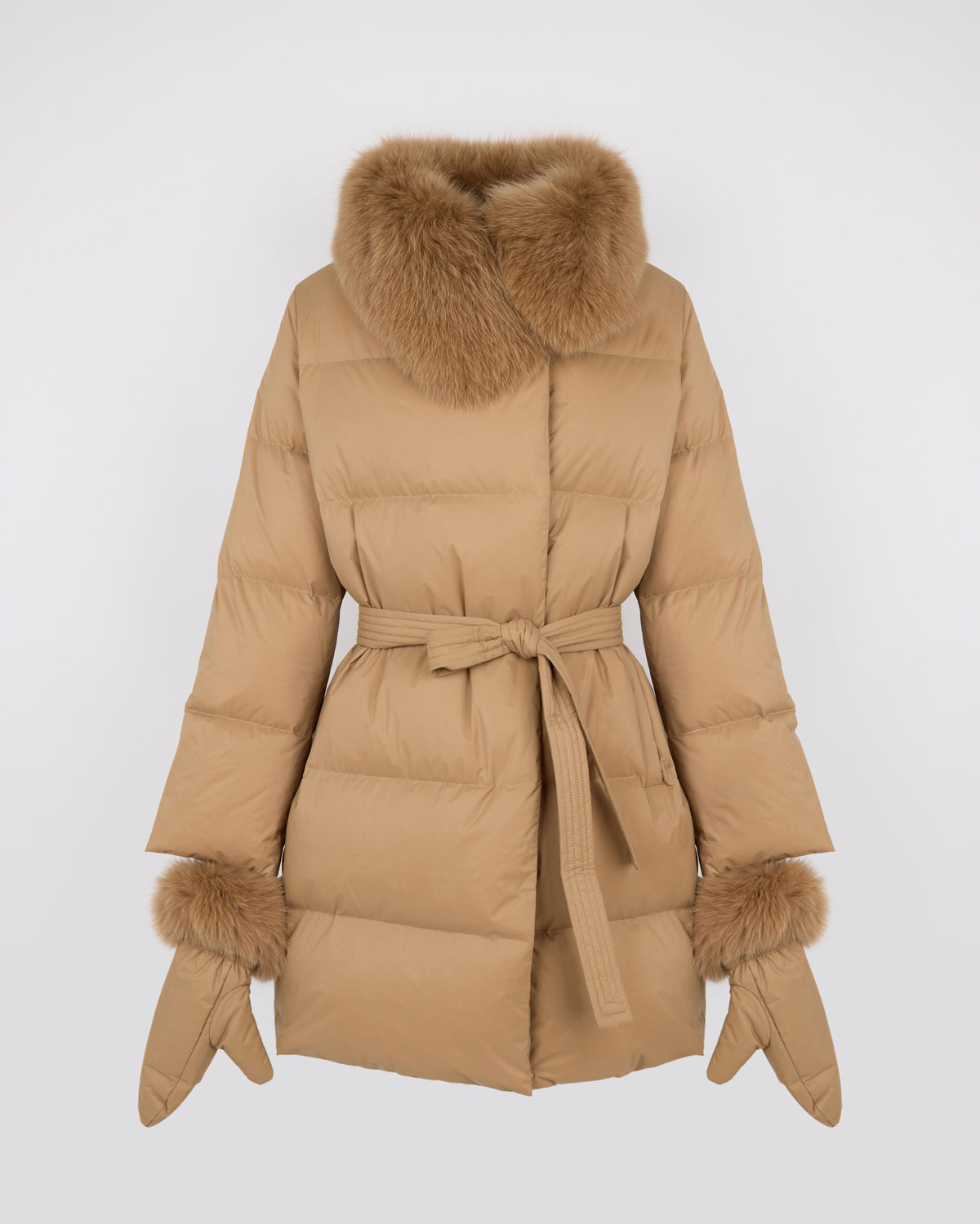 Long belted down jacket in waterproof technical fabric with fox fur trim - Yves Salomon - New Fall/Winter Collection