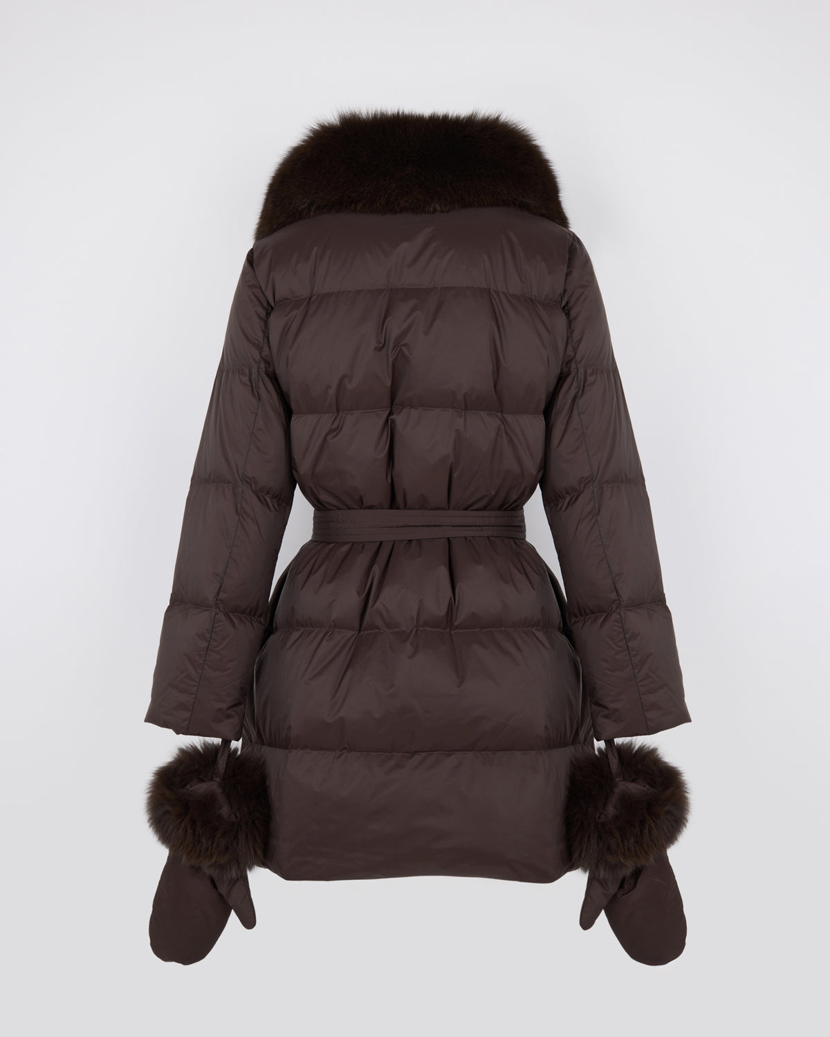 Long belted down jacket in waterproof technical fabric with fox fur trim - Yves Salomon - New Fall/Winter Collection