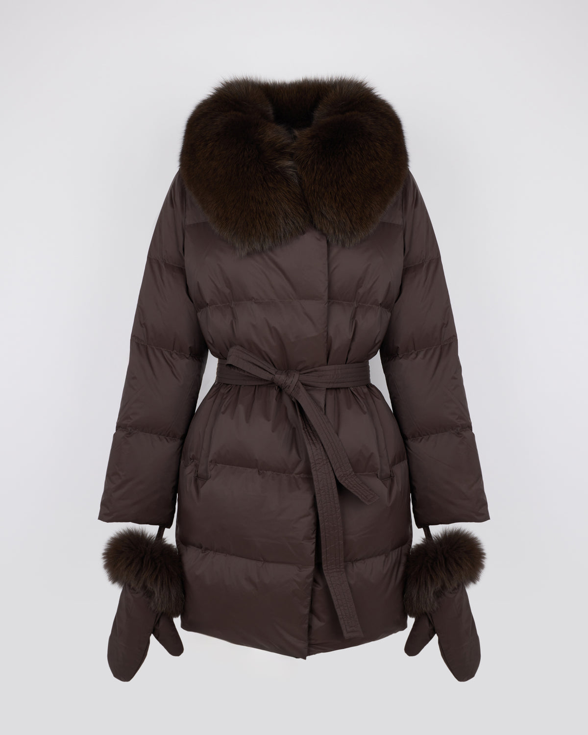 Long belted down jacket in waterproof technical fabric with fox fur trim - Yves Salomon - New Fall/Winter Collection
