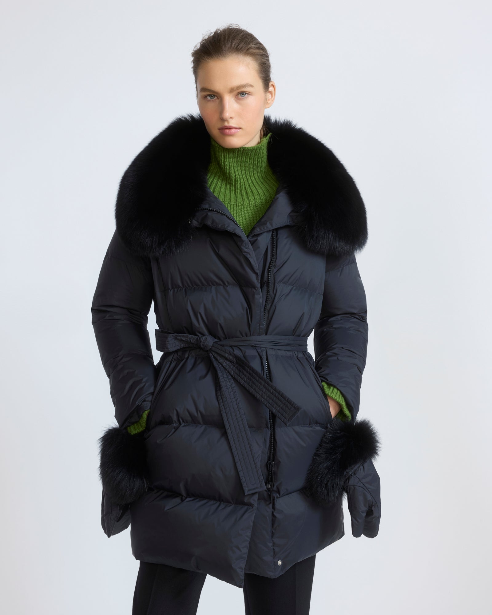 Long belted down jacket in waterproof technical fabric with fox fur trim - Yves Salomon - New Fall/Winter Collection