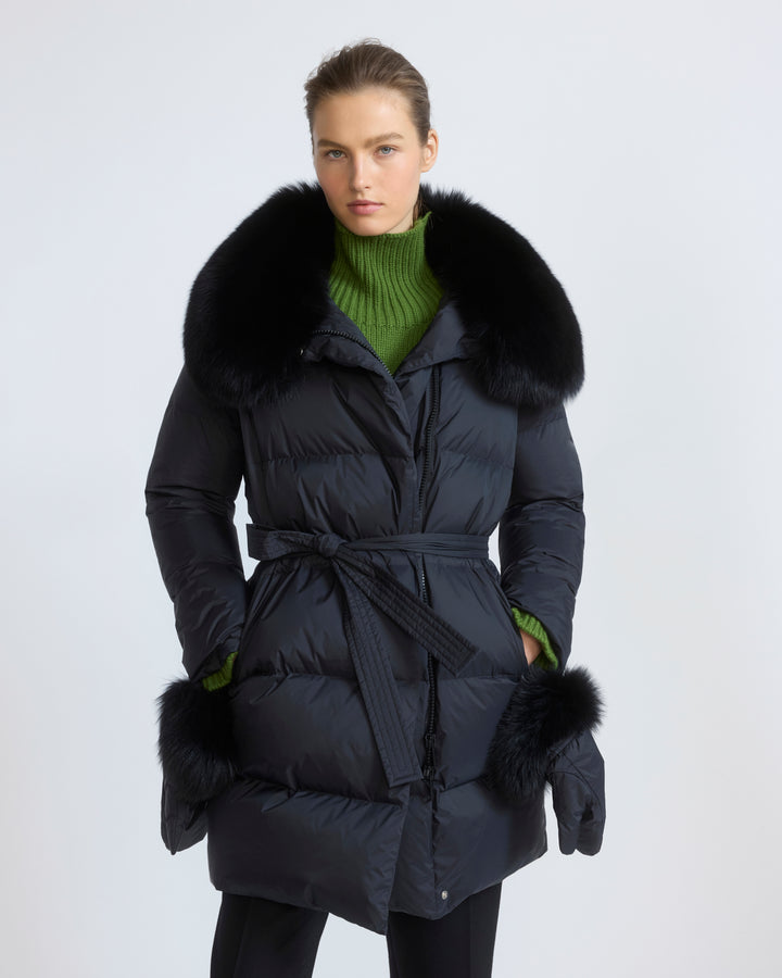 Long belted down jacket in waterproof technical fabric with fox fur trim - Yves Salomon - New Fall/Winter Collection