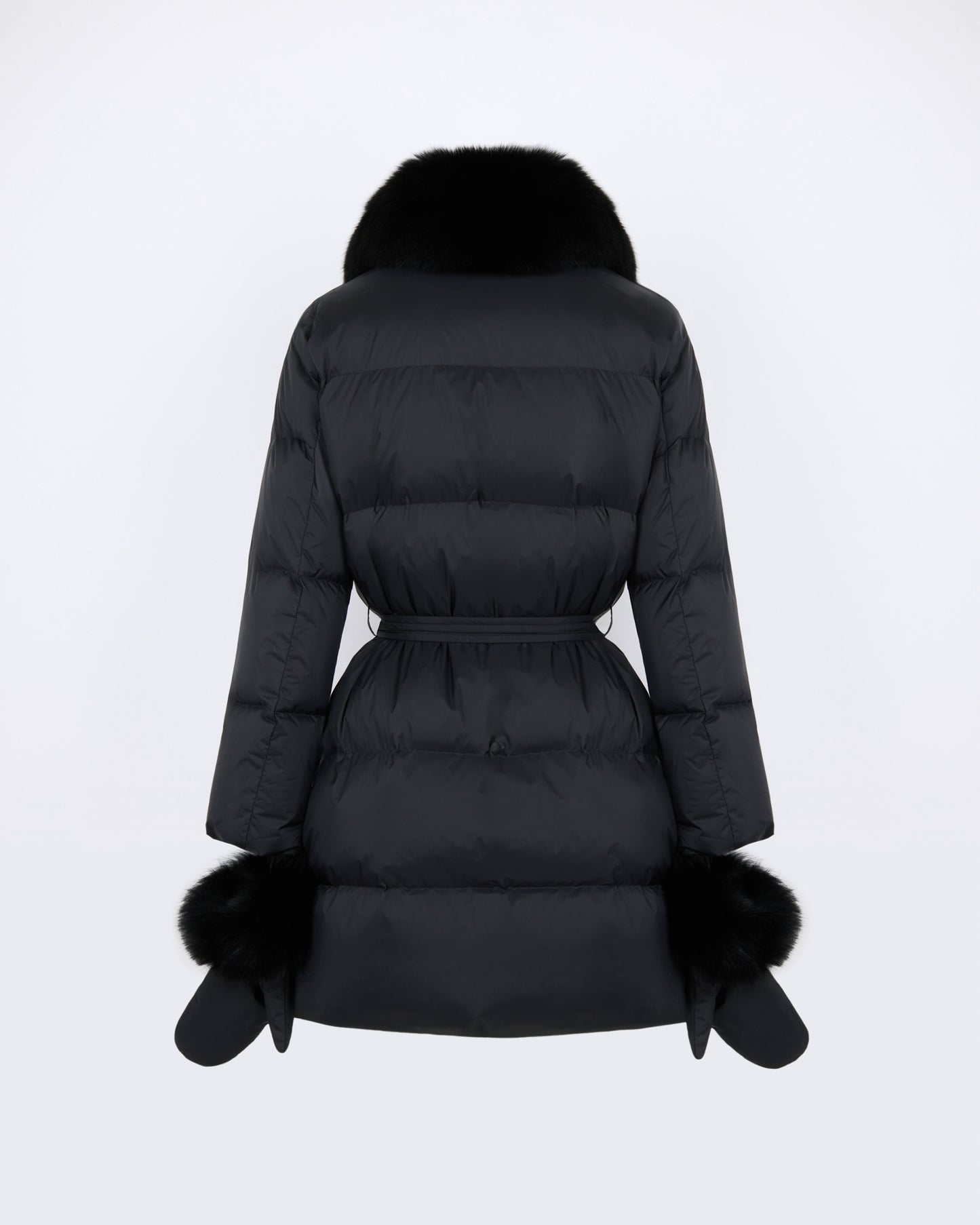 Long belted down jacket in waterproof technical fabric with fox fur trim - Yves Salomon - New Fall/Winter Collection