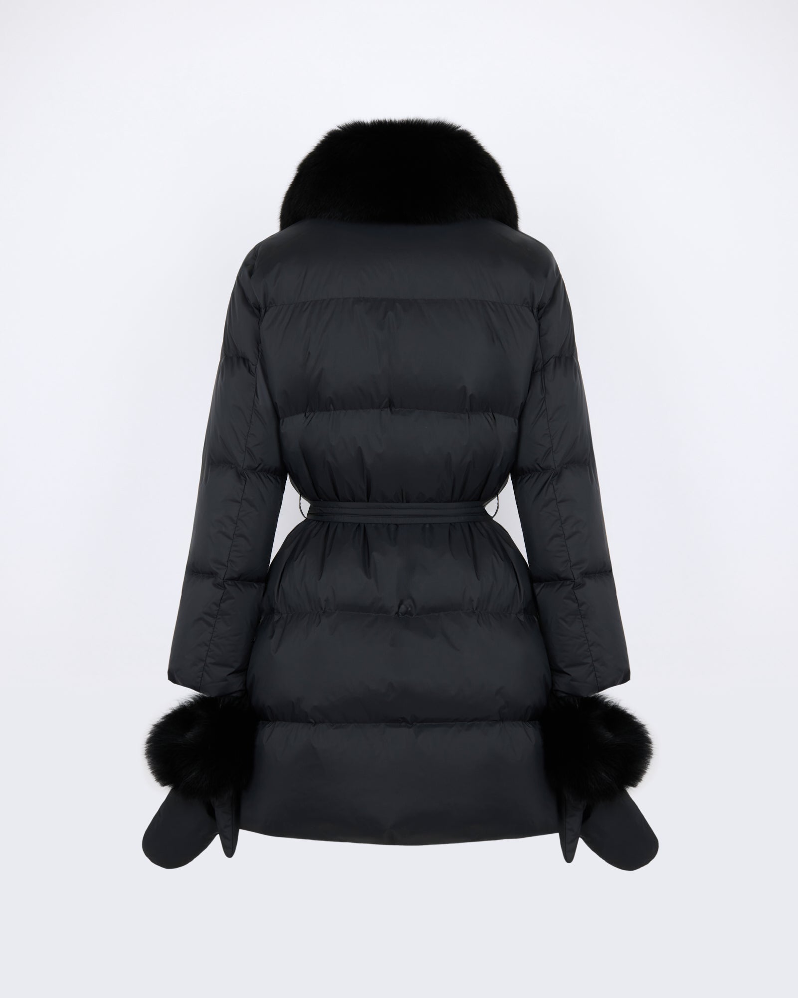 Long belted down jacket in waterproof technical fabric with fox fur trim - Yves Salomon - New Fall/Winter Collection