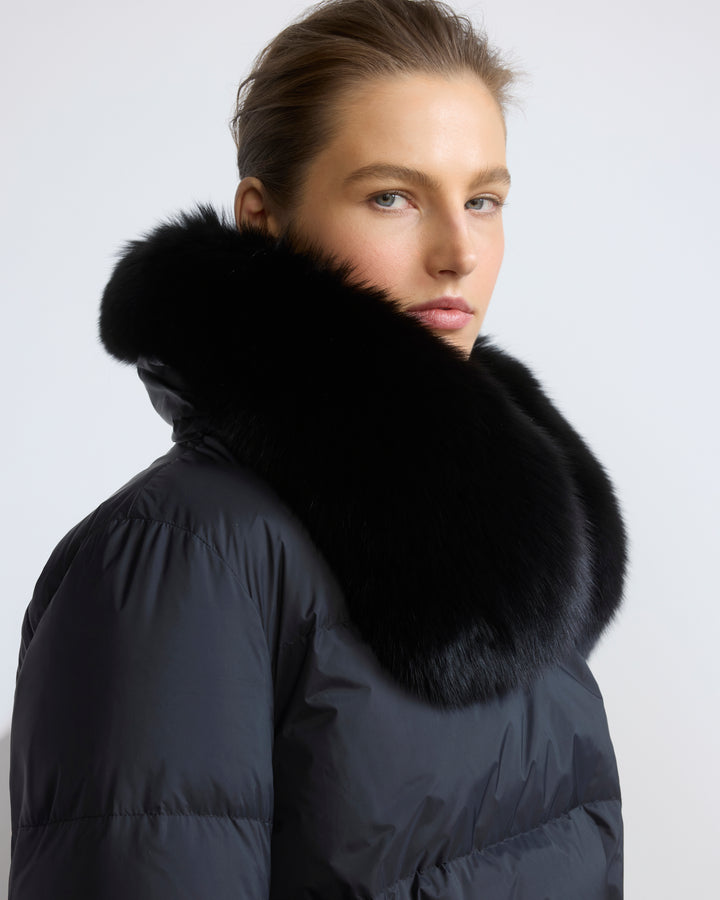 Long belted down jacket in waterproof technical fabric with fox fur trim - Yves Salomon - New Fall/Winter Collection