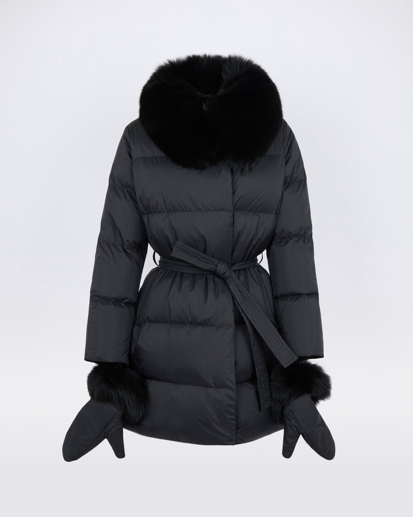 Long belted down jacket in waterproof technical fabric with fox fur trim - Yves Salomon - New Fall/Winter Collection