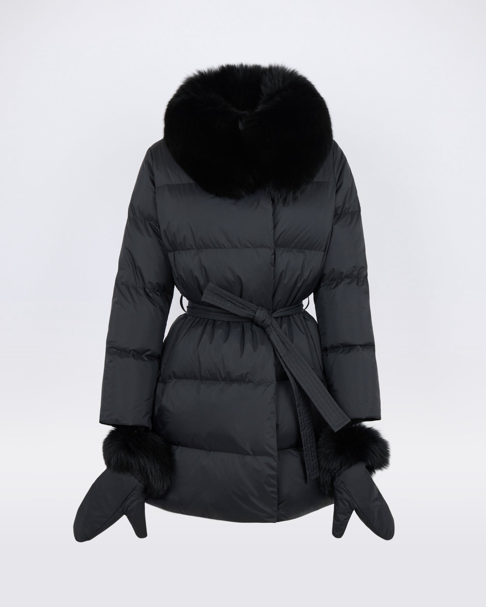 Long belted down jacket in waterproof technical fabric with fox fur trim - Yves Salomon - New Fall/Winter Collection