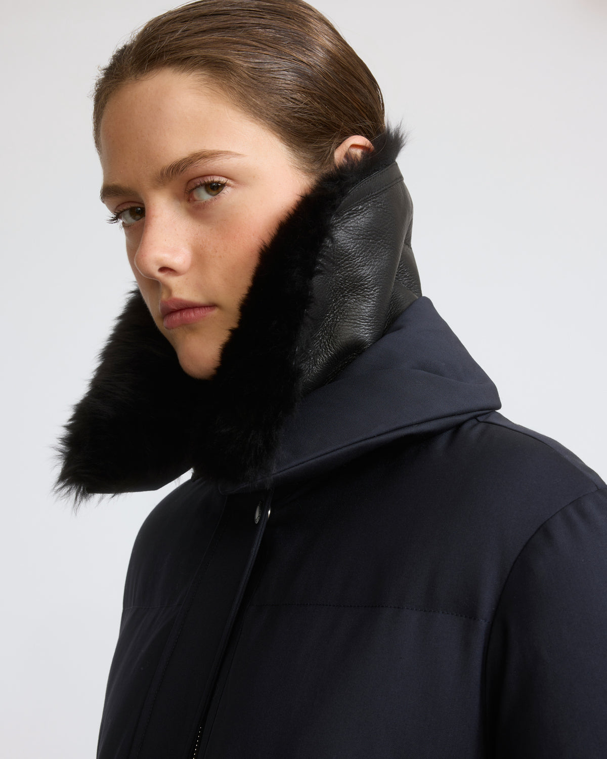 Long down jacket in waterproof wool-blend technical fabric with lambskin shearling trim - Yves Salomon - New Fall/Winter Collection