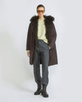 Long smooth hooded down jacket with long curly lamb lining