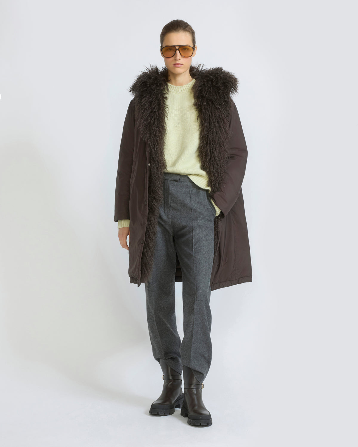 Long smooth hooded down jacket with long curly lamb lining - Yves Salomon - New Fall/Winter Collection