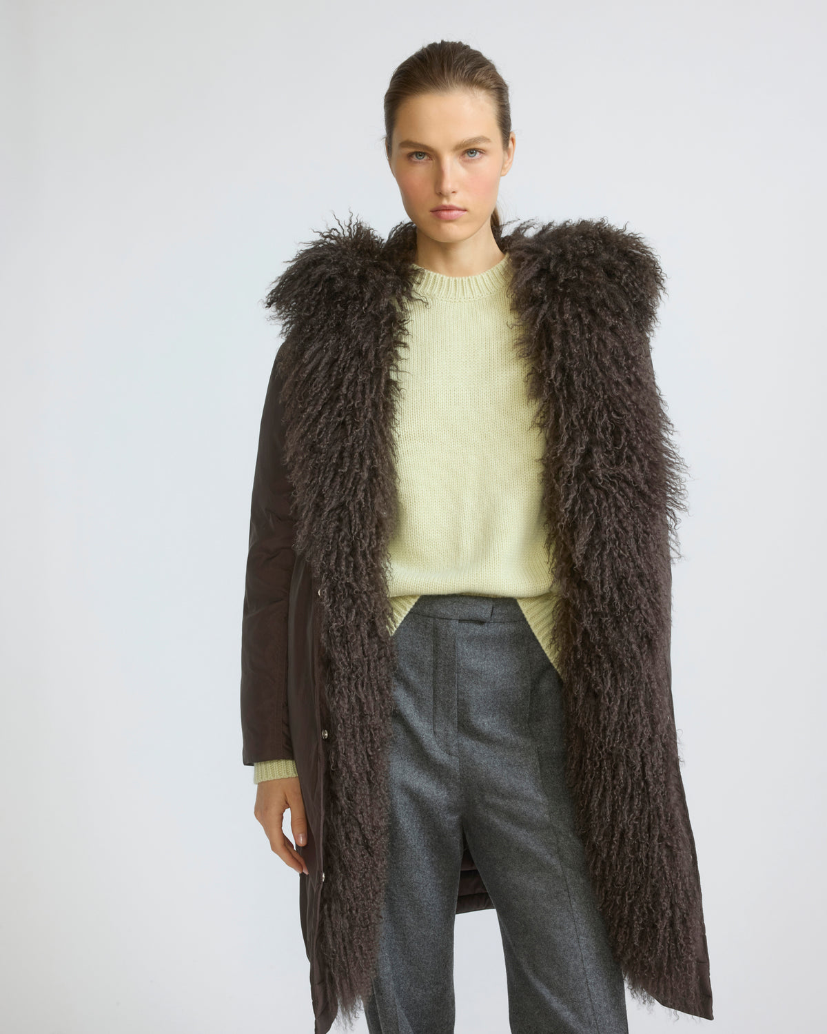 Long smooth hooded down jacket with long curly lamb lining - Yves Salomon - New Fall/Winter Collection