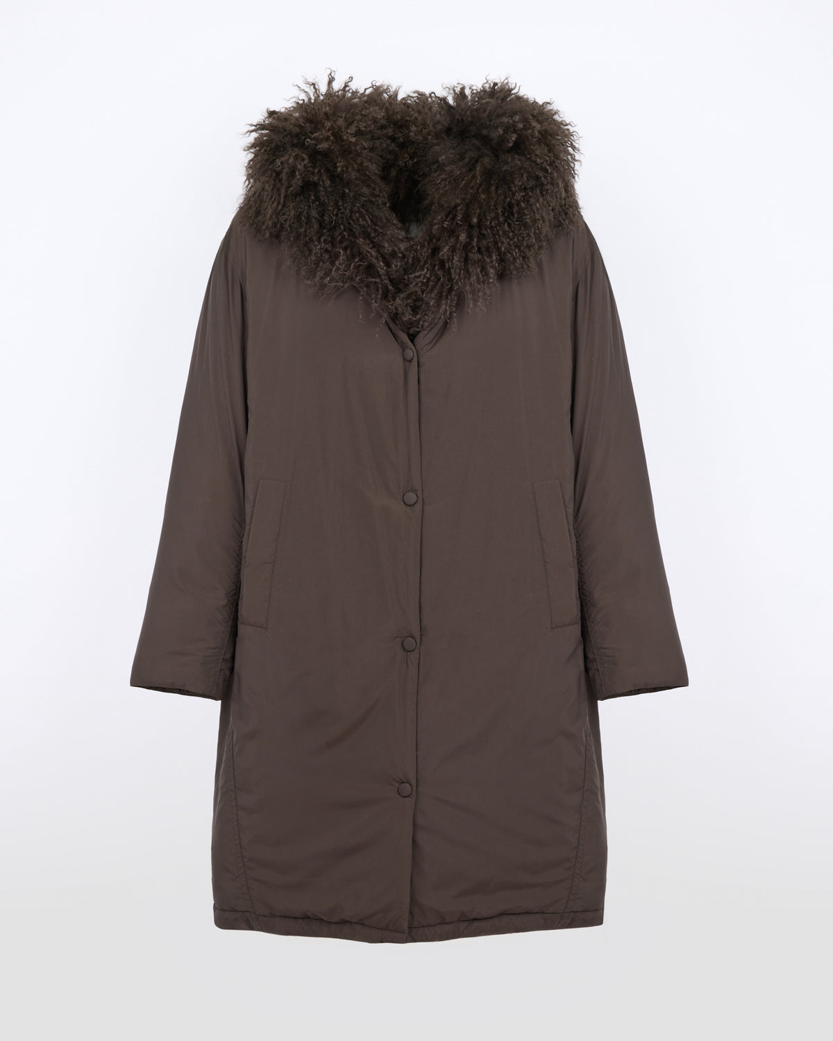 Long smooth hooded down jacket with long curly lamb lining - Yves Salomon - New Fall/Winter Collection