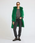 Long smooth hooded down jacket with long curly lamb lining