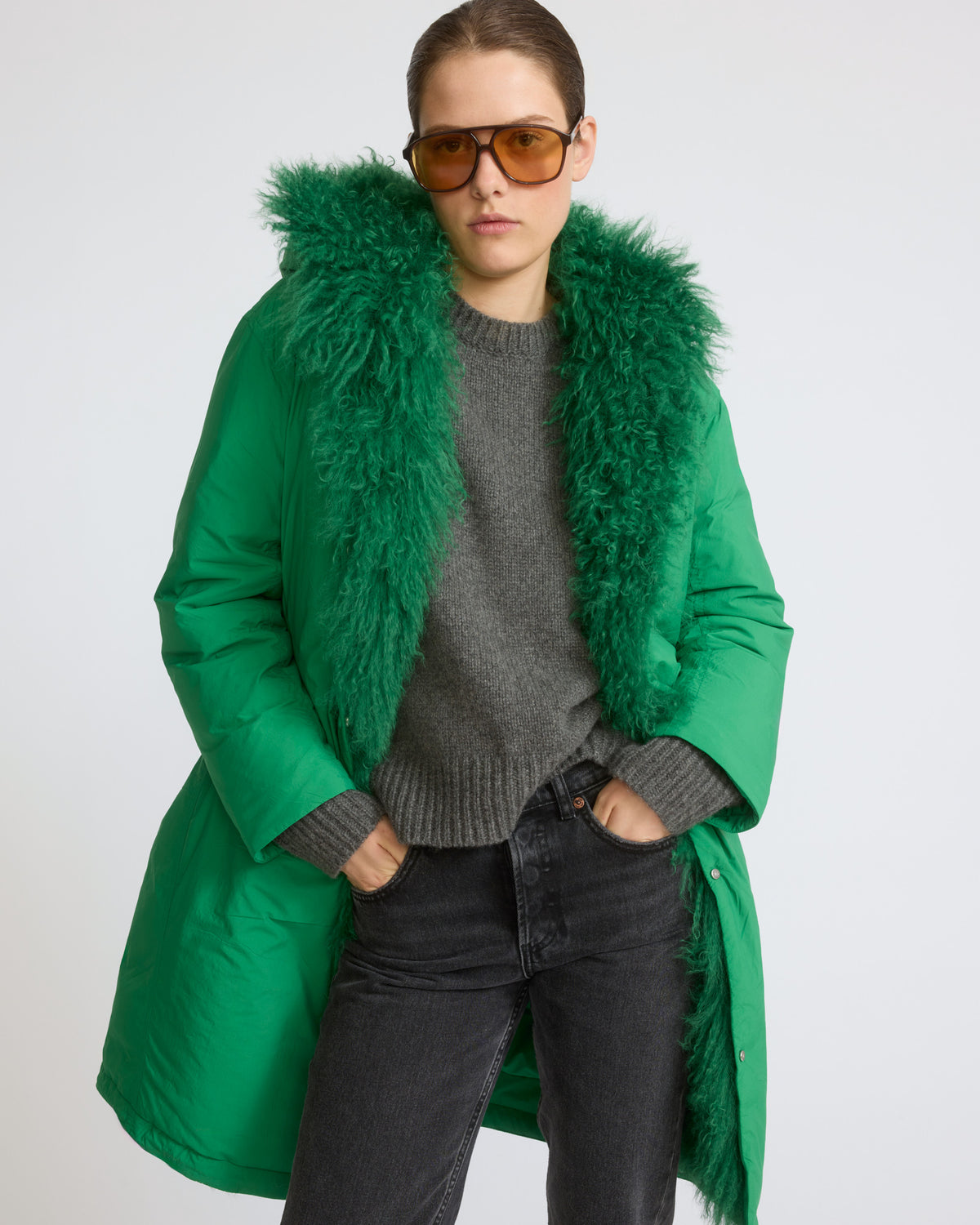 Long smooth hooded down jacket with long curly lamb lining - Yves Salomon - New Fall/Winter Collection