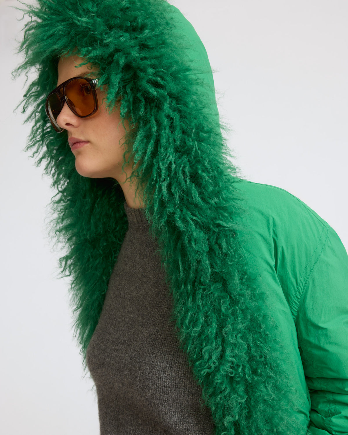 Long smooth hooded down jacket with long curly lamb lining - Yves Salomon - New Fall/Winter Collection