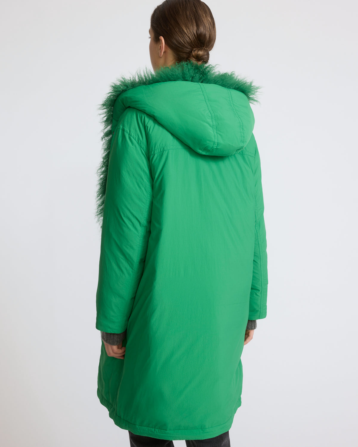Long smooth hooded down jacket with long curly lamb lining - Yves Salomon - New Fall/Winter Collection