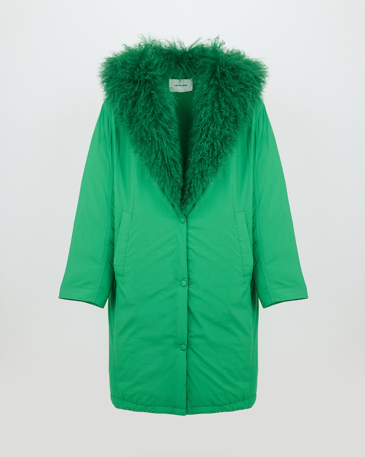 Long smooth hooded down jacket with long curly lamb lining - Yves Salomon - New Fall/Winter Collection