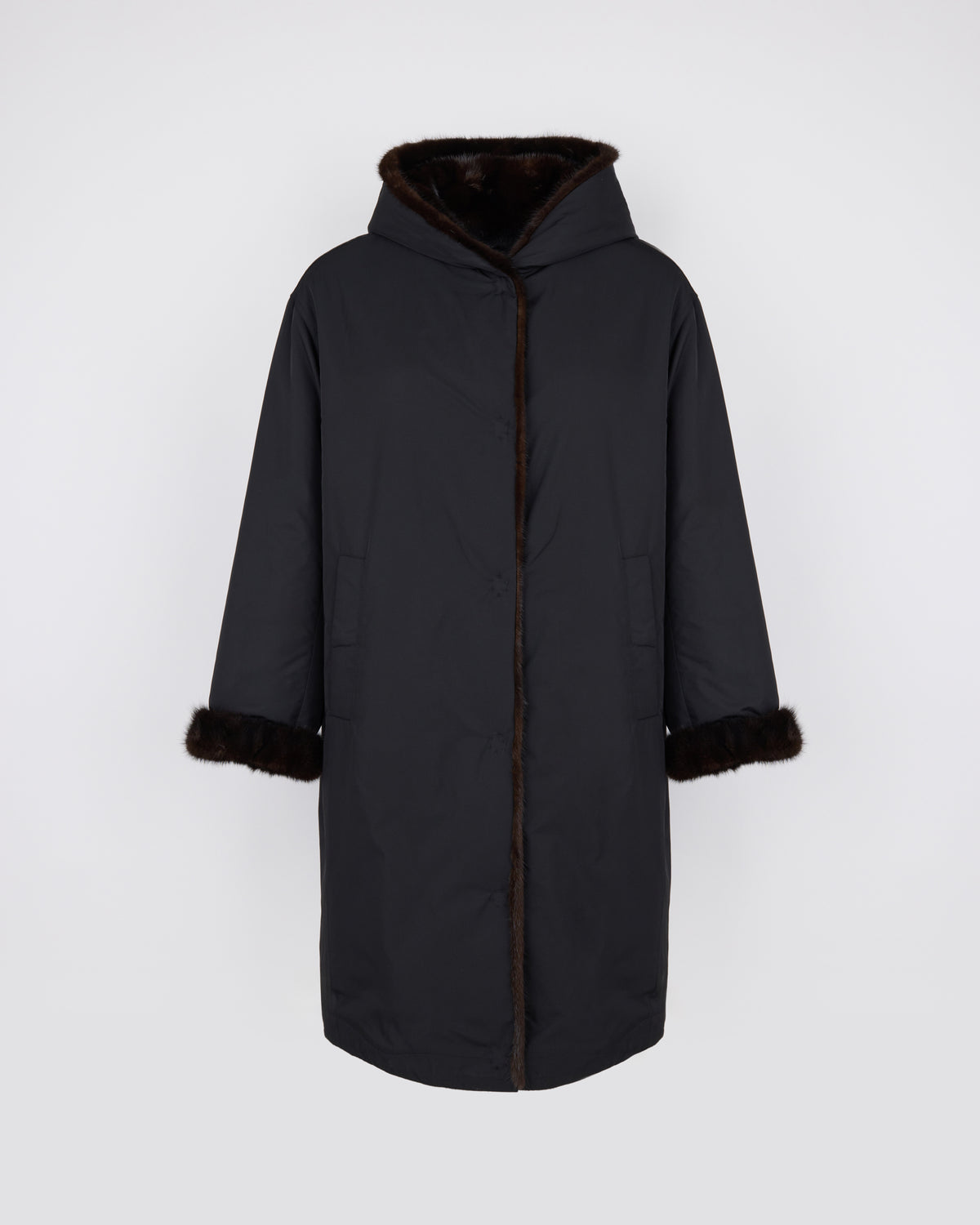 Long smooth hooded down jacket in reversible water-repellent technical fabric and mink fur - Yves Salomon - New Fall/Winter Collection