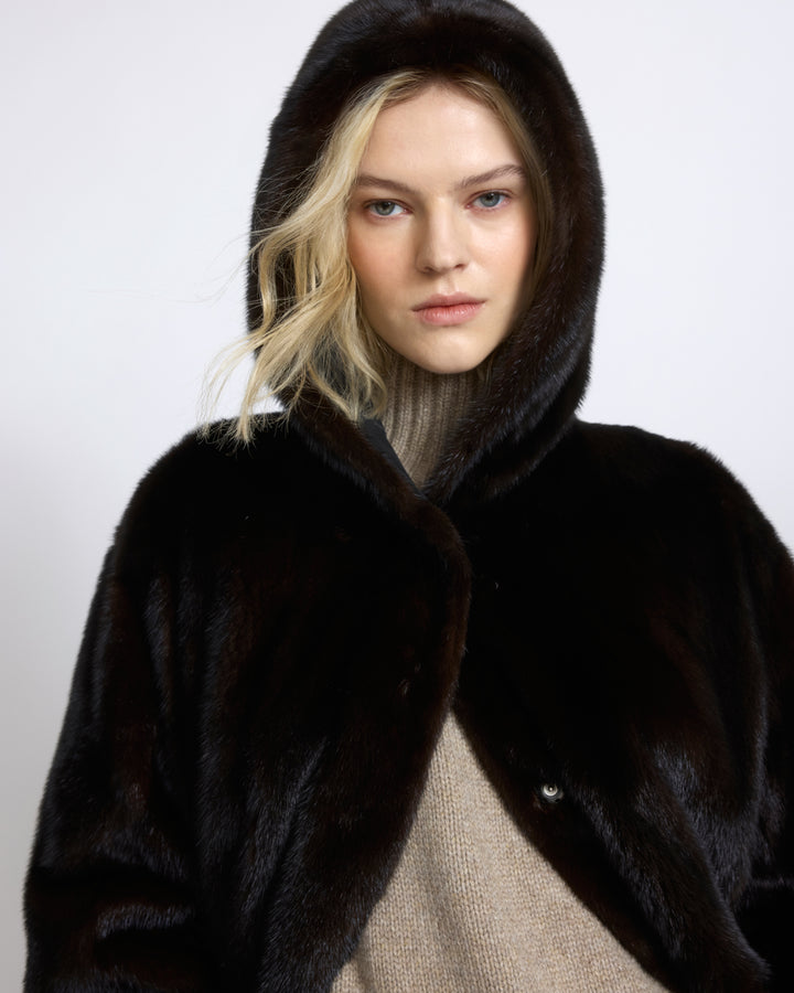 Long smooth hooded down jacket in reversible water-repellent technical fabric and mink fur - Yves Salomon - New Fall/Winter Collection