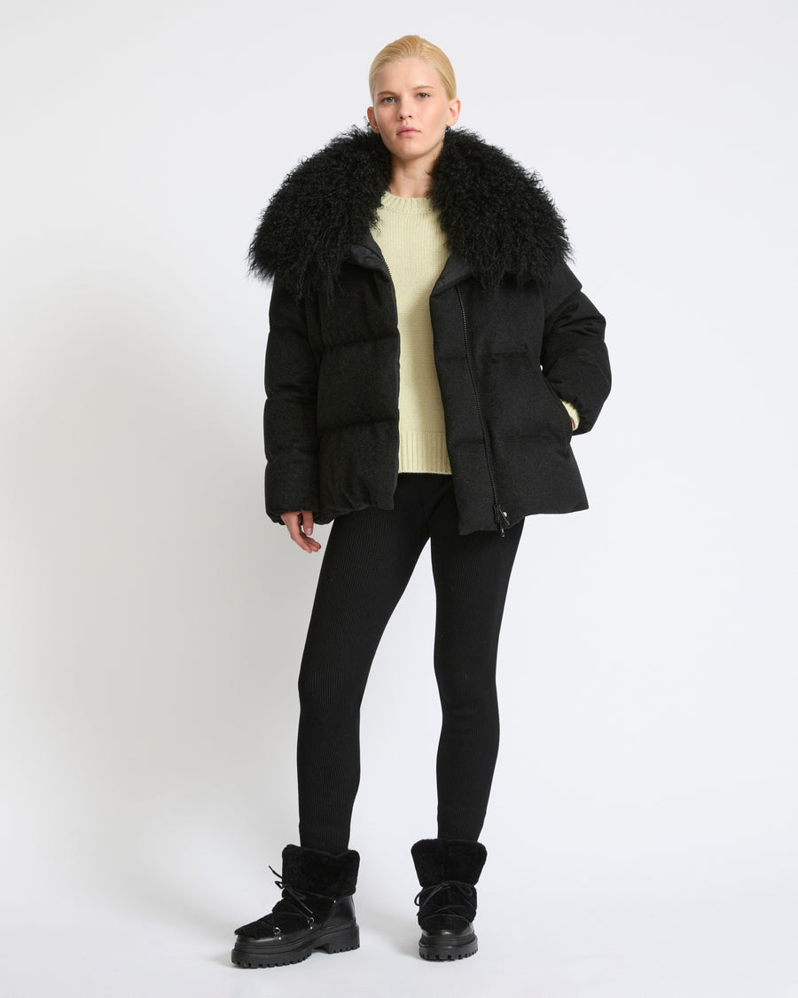 Down jacket in Loro Piana cashmere fabric with long curly lambskin collar - Yves Salomon - New Fall Winter Collection