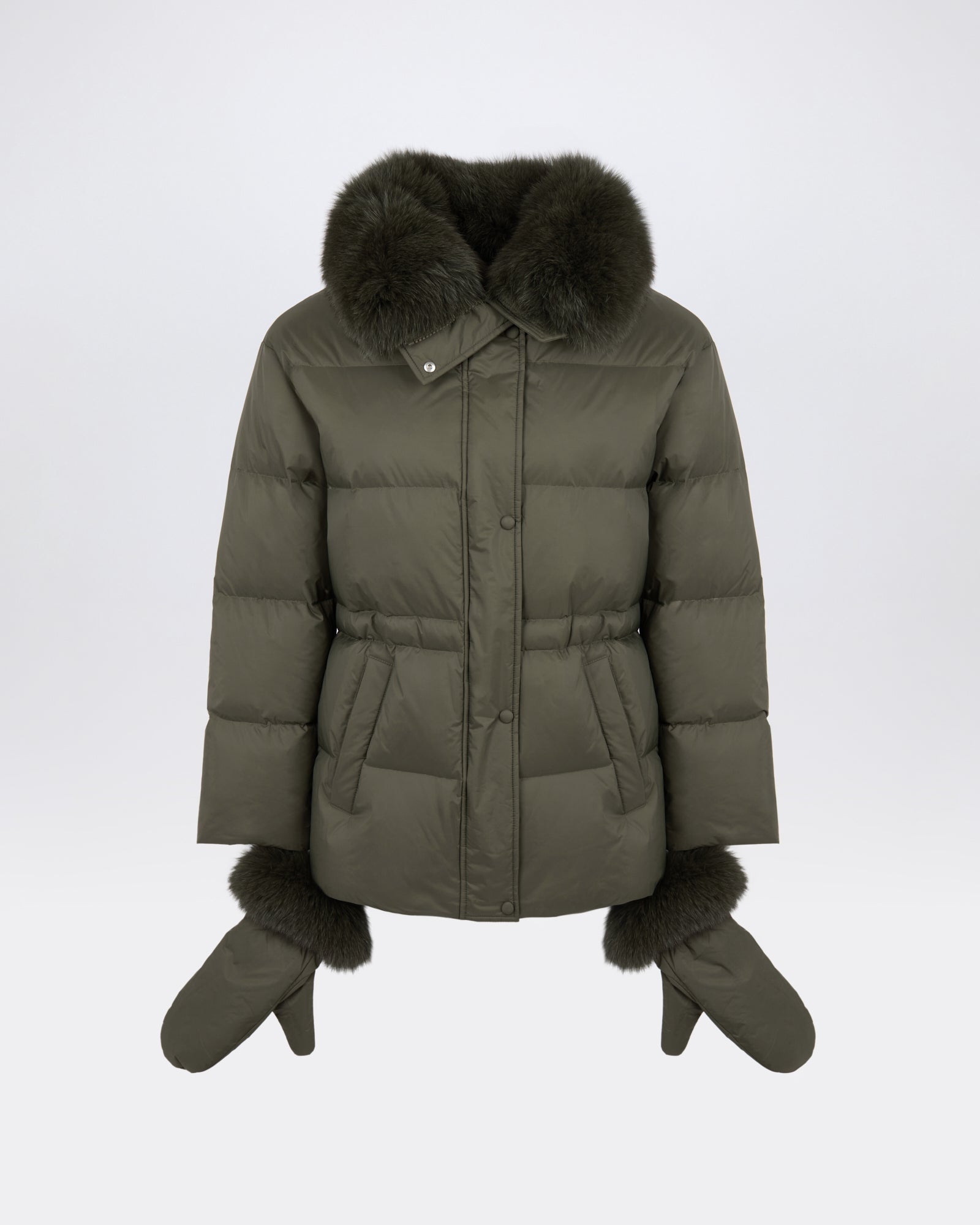 Down jacket in waterproof technical fabric with mittens and fox fur trim - Yves Salomon - New Fall/Winter Collection
