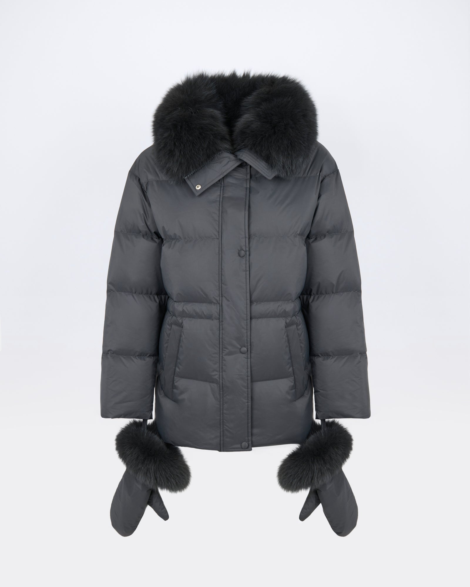 Down jacket in waterproof technical fabric with mittens and fox fur trim - Yves Salomon - New Fall/Winter Collection