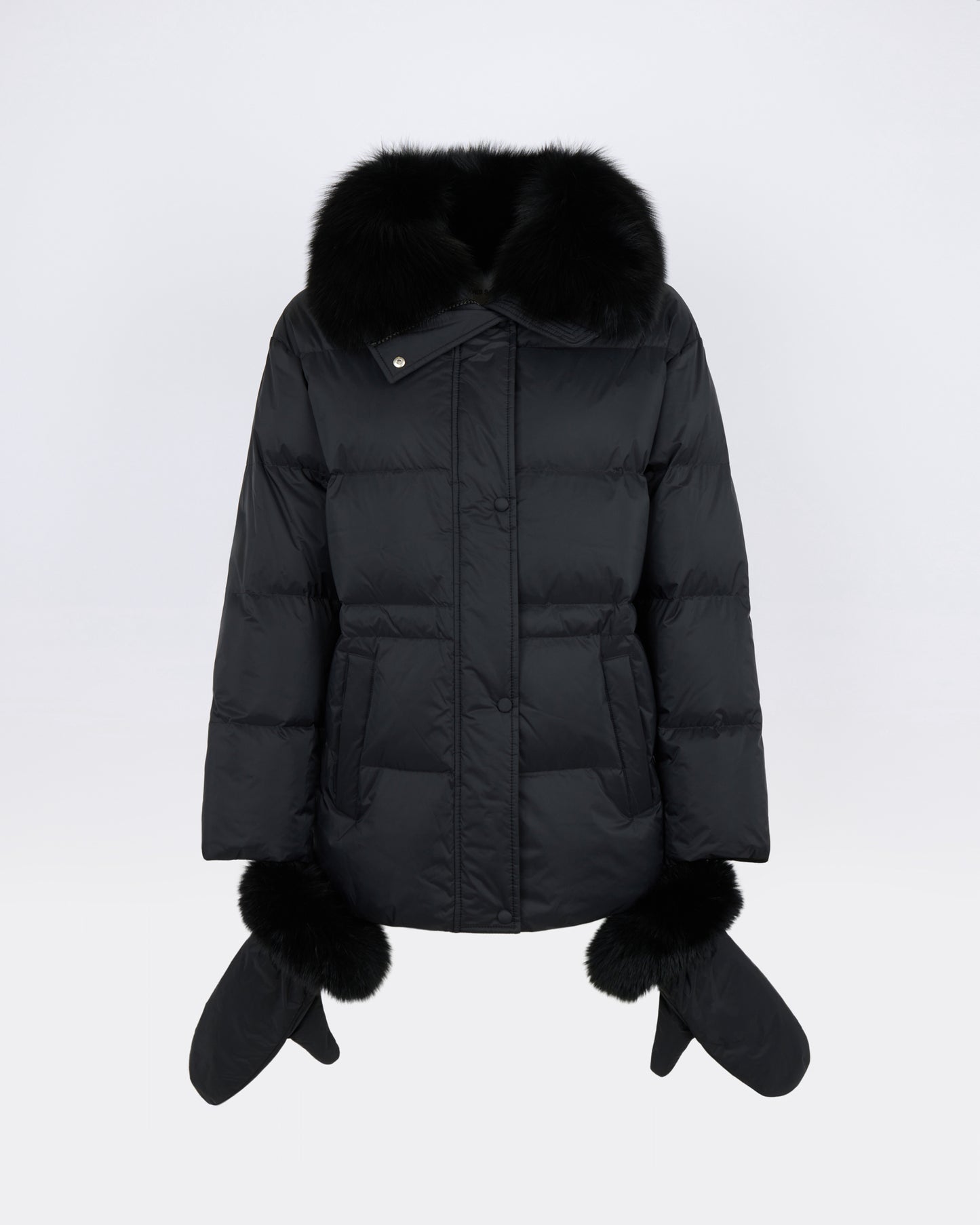 Down jacket in waterproof technical fabric with mittens and fox fur trim - Yves Salomon - New Fall/Winter Collection