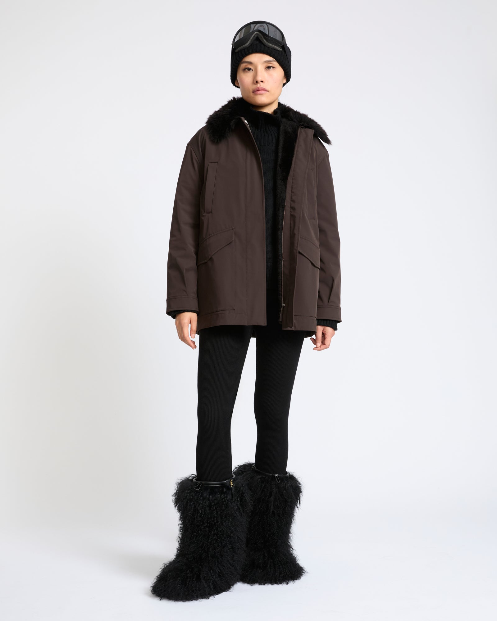Shirt-collar parka in waterproof technical fabric with lambskin shearling - Yves Salomon - New Fall Winter Collection