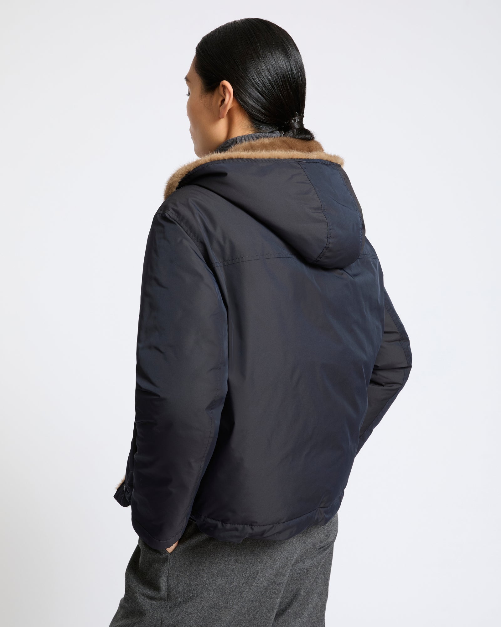 Short smooth hooded down jacket in water-repellent technical fabric with mink fur lining - Yves Salomon - New Fall Winter Collection
