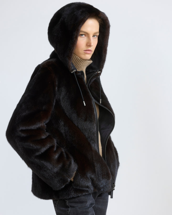 Reversible water-repellent technical fabric hooded jacket with mink fur - Yves Salomon - New Fall/Winter Collection