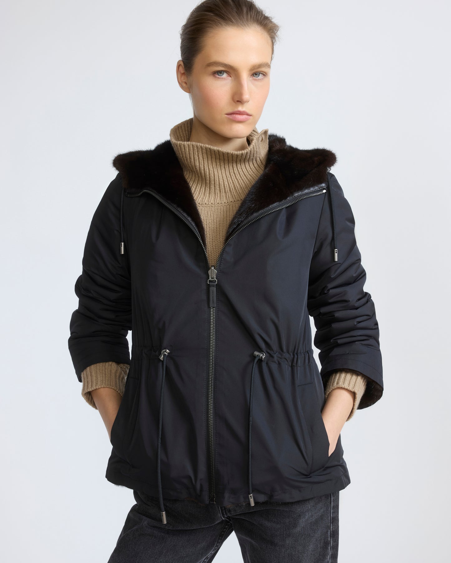 Reversible water-repellent technical fabric hooded jacket with mink fur - Yves Salomon - New Fall/Winter Collection
