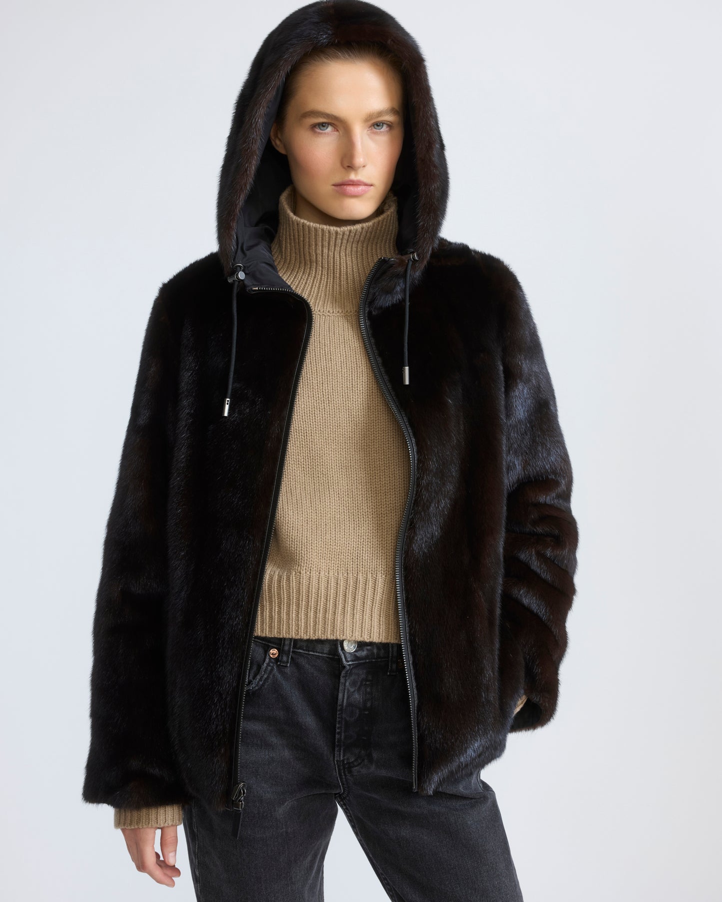 Reversible water-repellent technical fabric hooded jacket with mink fur - Yves Salomon - New Fall/Winter Collection