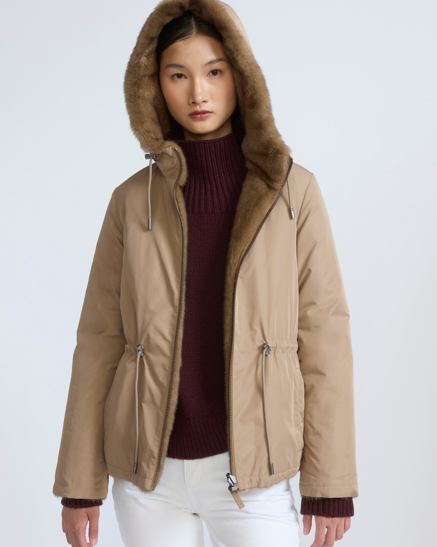 Reversible water-repellent technical fabric hooded jacket with mink fur - Yves Salomon - New Fall/Winter Collection