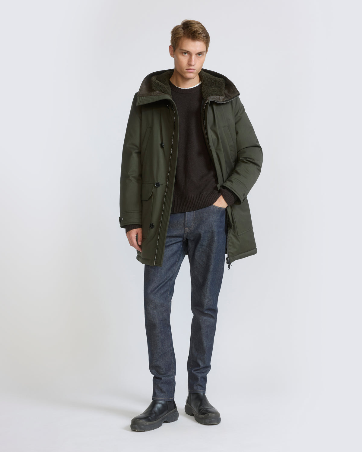 Long parka in waterproof wool-blend technical fabric with lambskin shearling - Yves Salomon - New Fall/Winter Collection