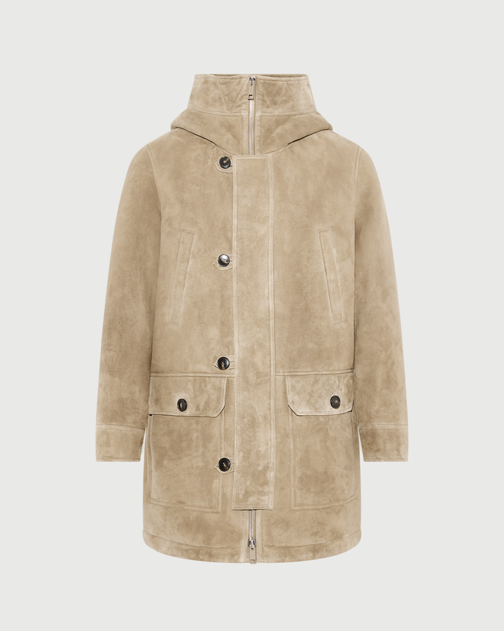 Suede lambskin shearling parka with curly wool