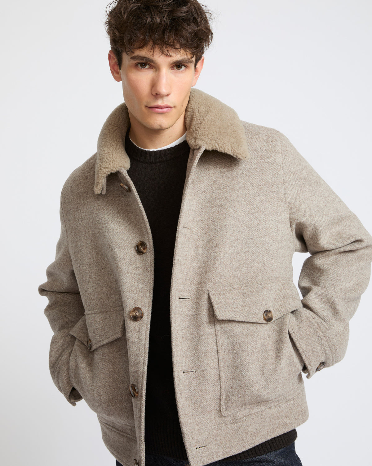 Chevron wool jacket with lambskin shearling trim - Yves Salomon - New Fall/Winter Collection
