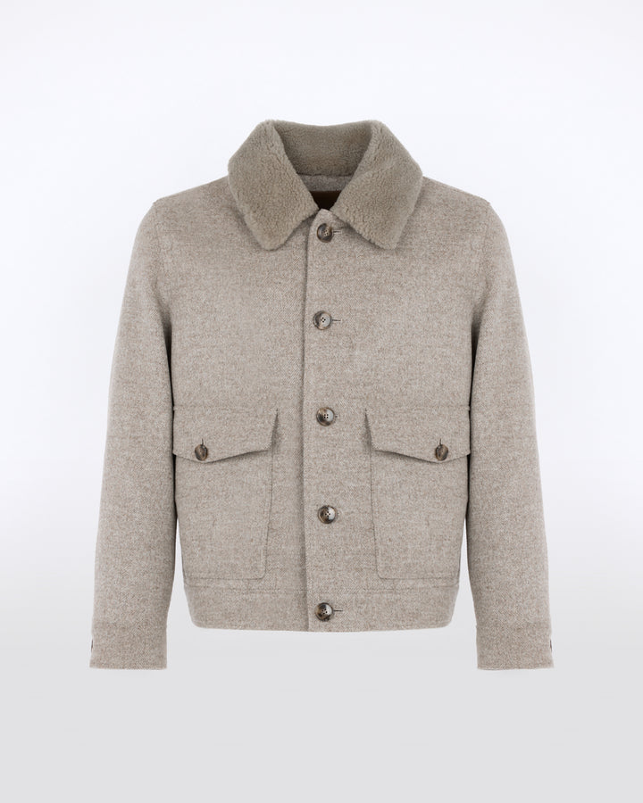Chevron wool jacket with lambskin shearling trim