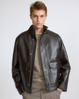 Lambskin leather jacket with knit collar