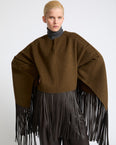 Double face wool and cashmere cape with lambskin leather fringes