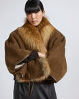 Lambskin shearling cape with fox fur collar