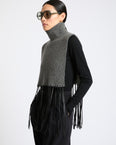 100% cashmere knit bib with leather fringes
