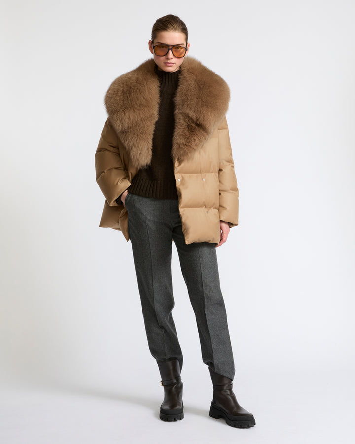 Long double-breasted down jacket in Loro Piana fabric with detachable fox fur collar - Yves Salomon - New Fall Winter Collection