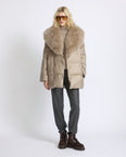 Long double-breasted down jacket in flannel fabric with detachable fox fur collar
