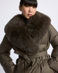 Long double-breasted down jacket in flannel fabric with detachable fox fur collar