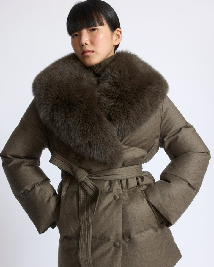 Long double-breasted down jacket in Loro Piana fabric with detachable fox fur collar - Yves Salomon - New Fall/Winter Collection